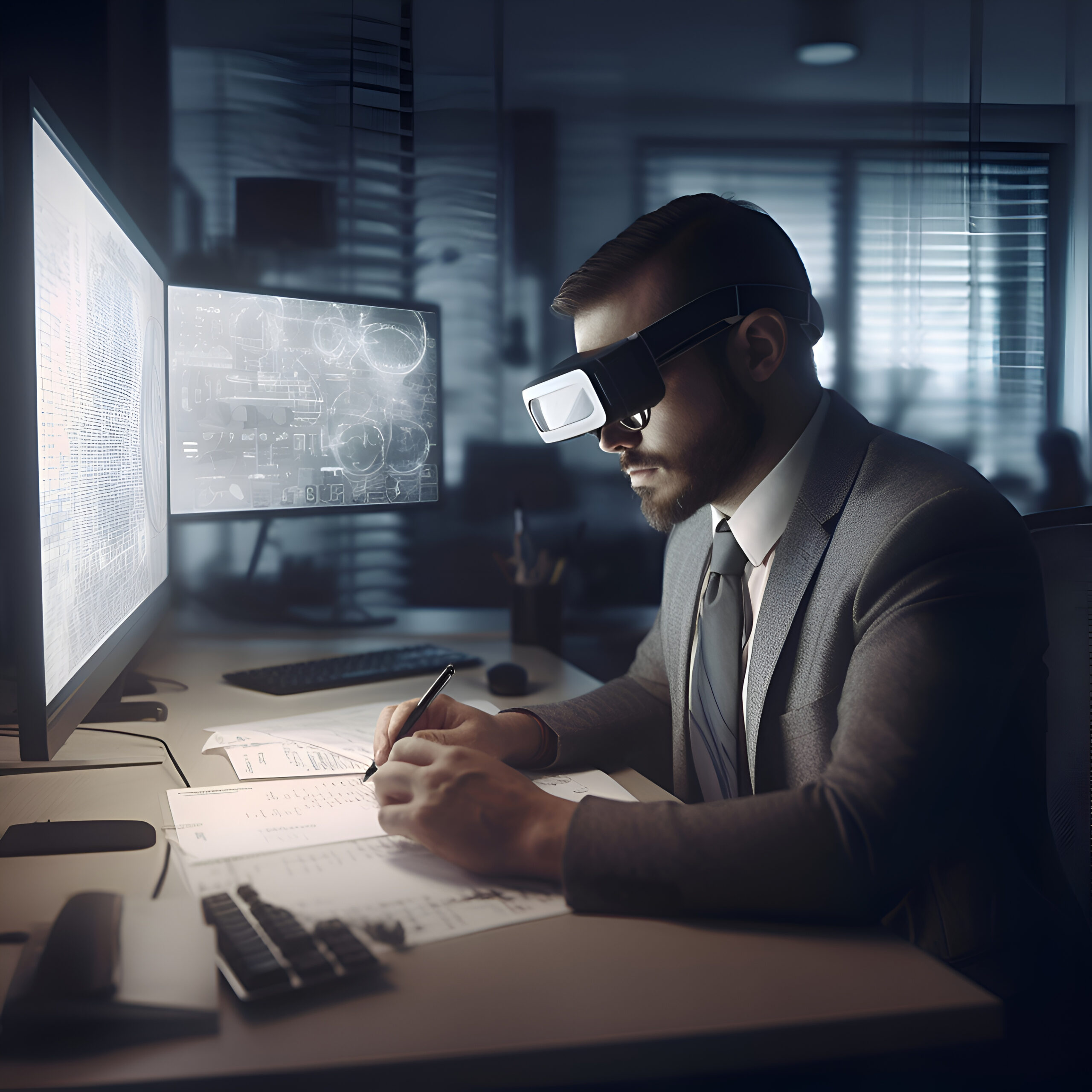 One serious businessman reading in dark library generated by AI