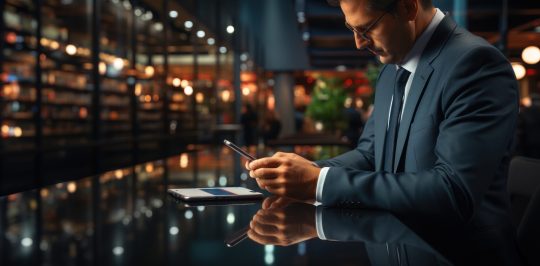 Portrait of businessman working in evening in office using modern digital technologies, generated AI