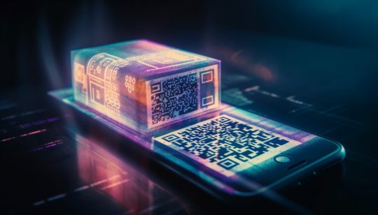 A businessman holding a smart phone, touching success at night generated by AI