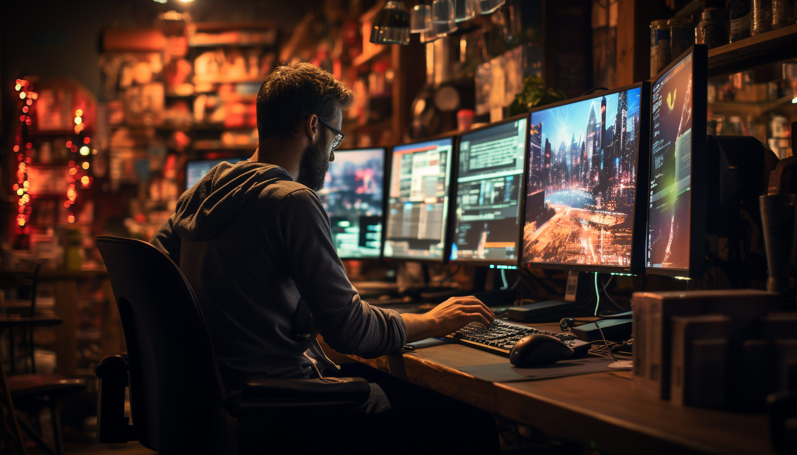 Young adult businessman working late at night on computer technology generated by AI