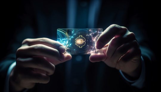 Human hand holding wireless touch screen technology generated by AI