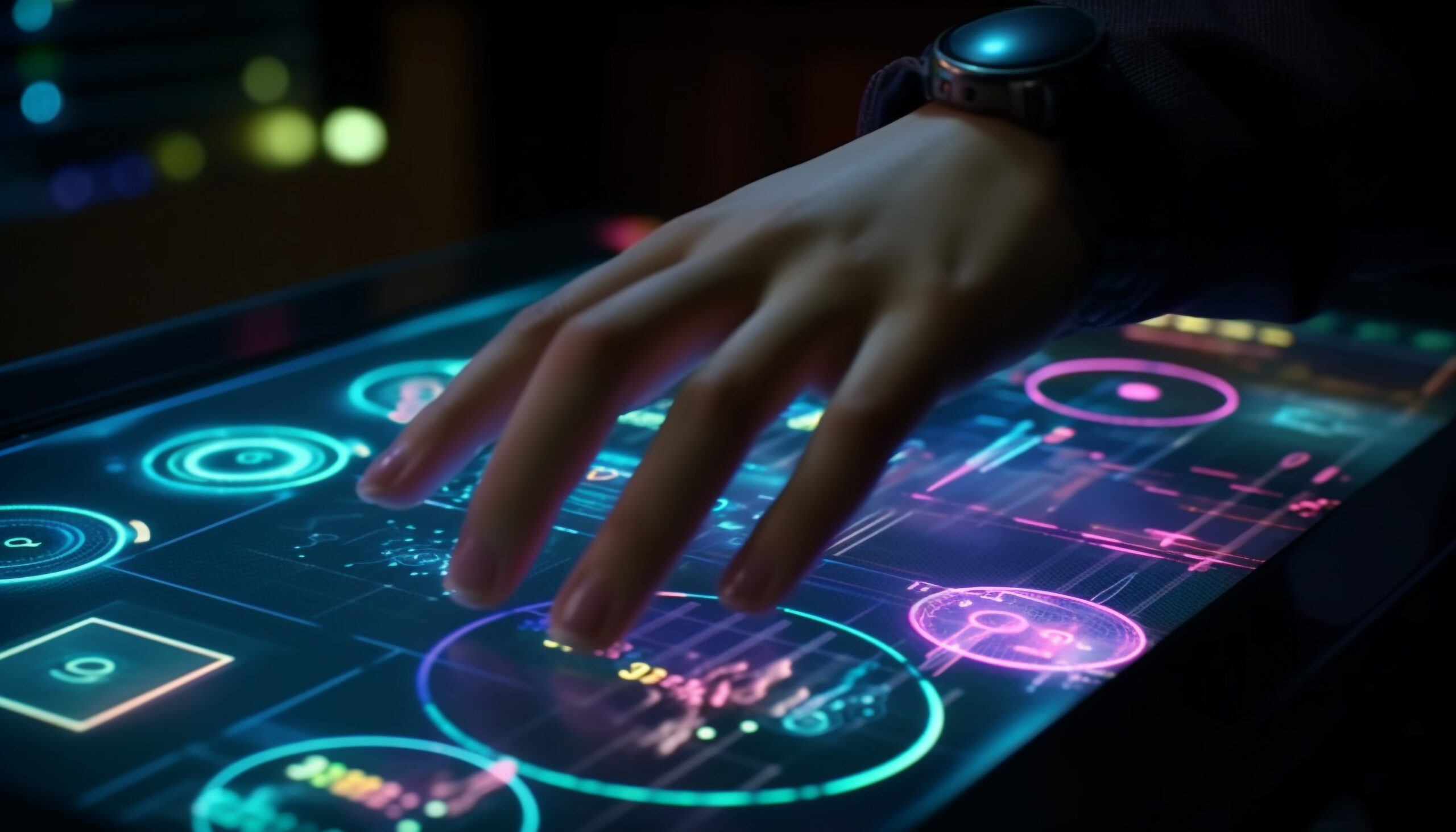 Glowing finger controls modern nightlife technology table generated by AI